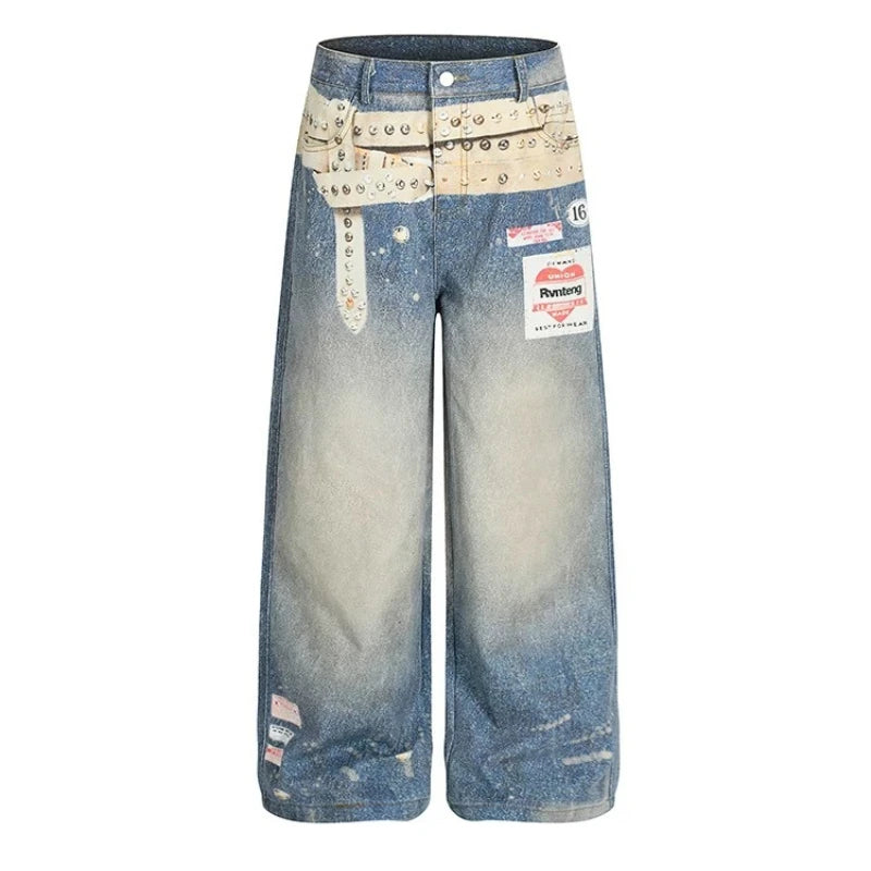 Cyflymder  Blue Vintage Graphic Women Distressed Jeans Washed Wide Leg American Style Straight Denim Trousers Baggy Casual Gyaru