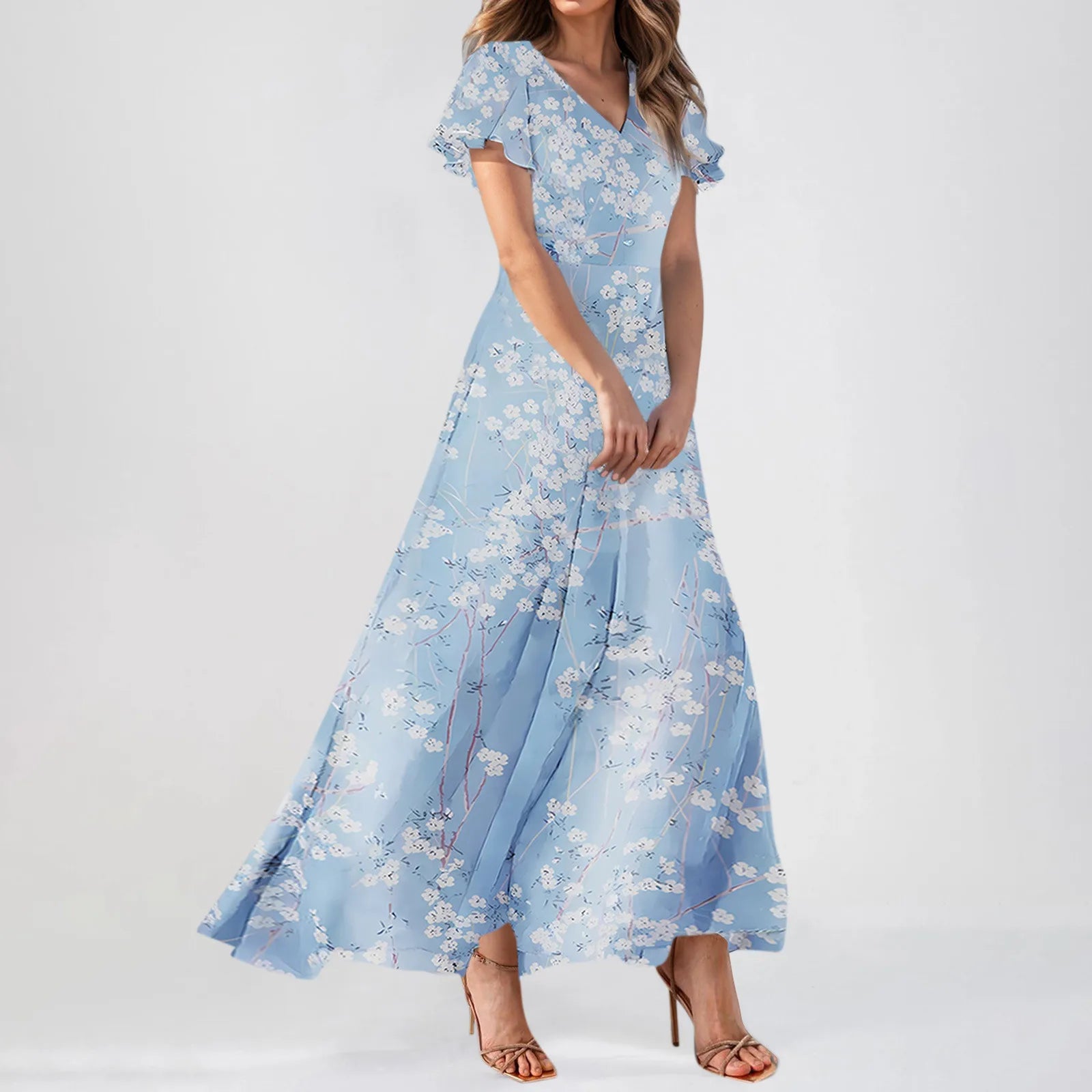 Cyflymder  Women V-neck Ruffle Short Sleeve Maxi Dress Waist Tight High-waist Hem Sweet Floral Print Elegant Dress Female Clothing Vestidos