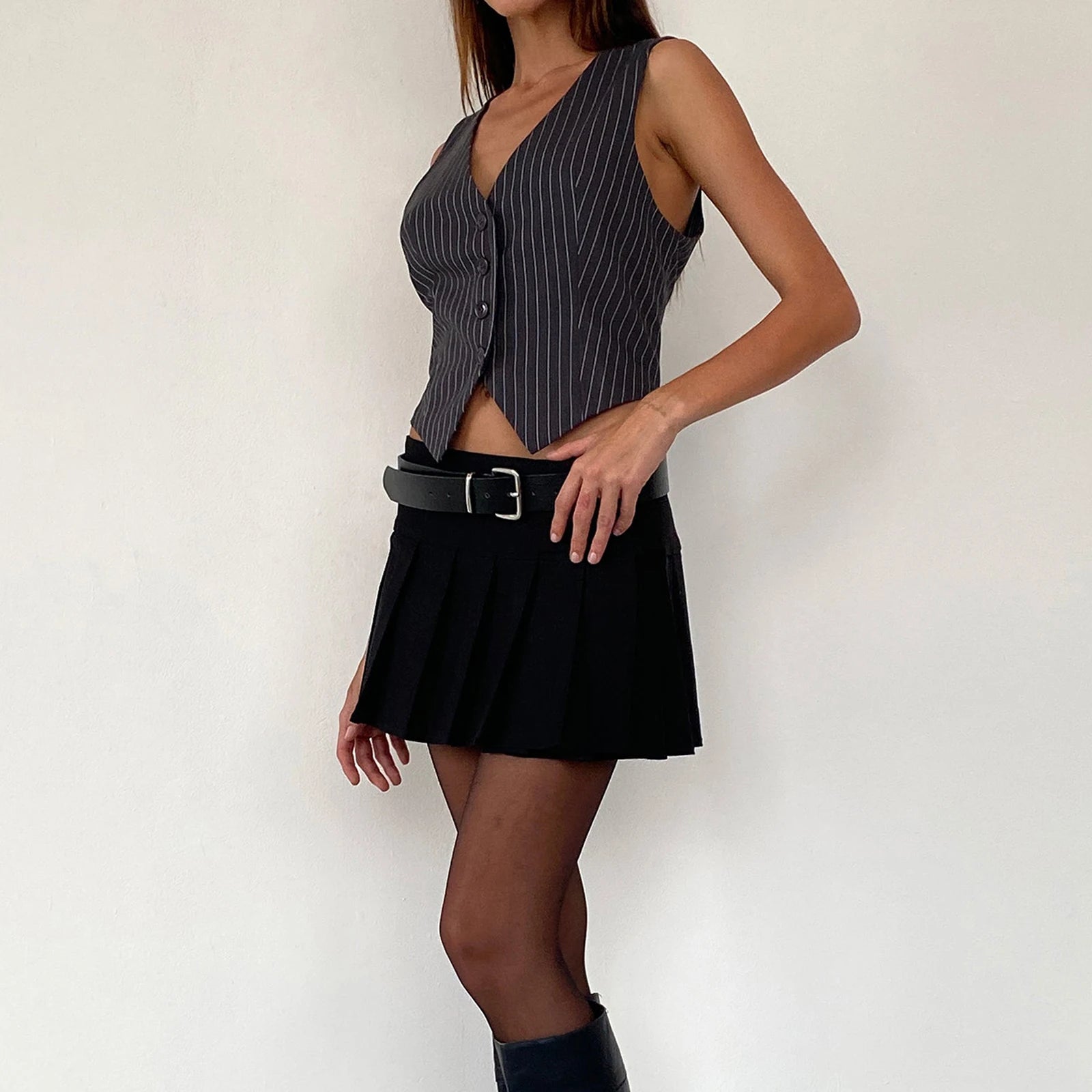 Cyflymder  Fashion Women Pinstripe Vest Vintage Sleeveless V Neck Crop Suit Vest Dressy Casual Button Waistcoat Y2K Outerwear Gilet