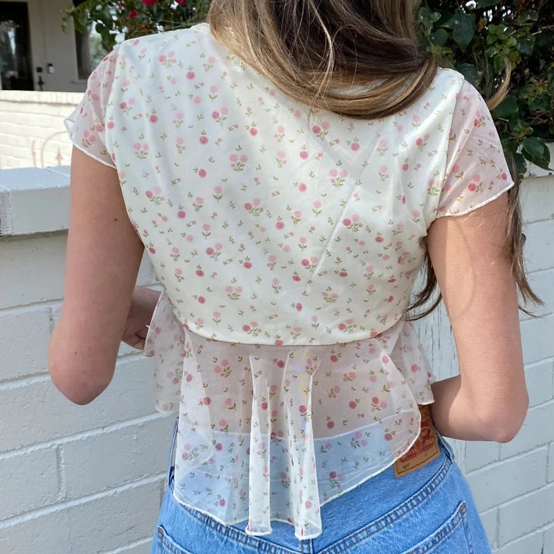 Cyflymder  Floral Patterm V Neck Flowy Crop Tops Vintage Trendy Irregular Hem Short Sleeve T-shirt Women Chiffon Loose Fit Tees Streetwear