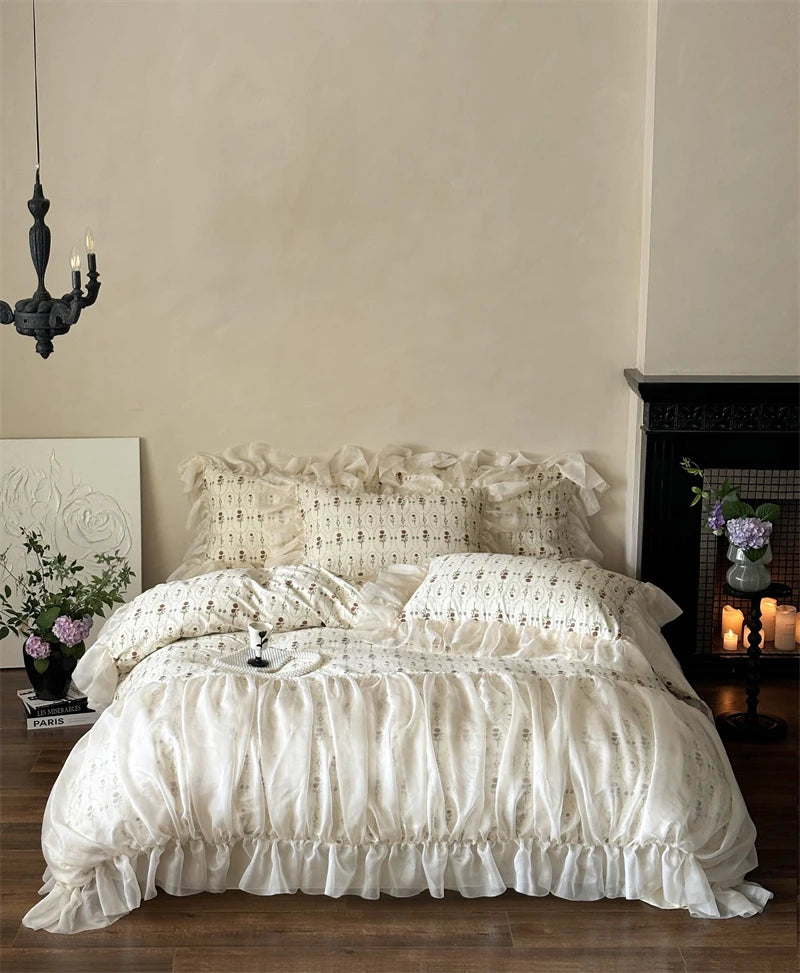 Cyflymder  4Pcs Vintage French Pure Cotton Rose Print Pleated Lace Ruffles Bedding Set Queen King Size Duvet Cover Set Bed Sheet Pillowcase