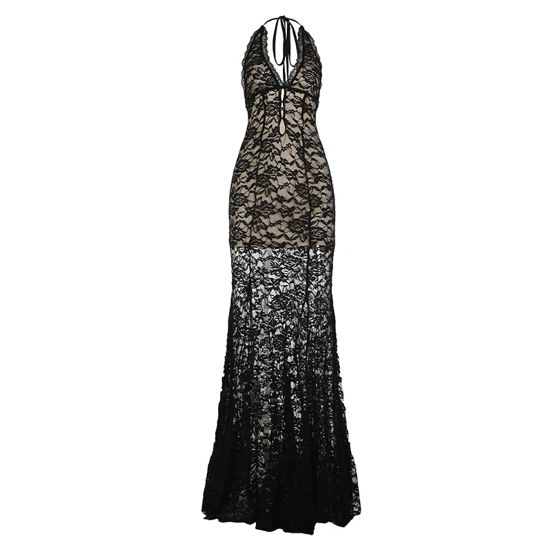 Cyflymder  Holiday Hollow Out Lace Trumpet Dress Beach Style Backless Deep V-Neck Sleeveless Maxi Dresses For Women 2025 Summer