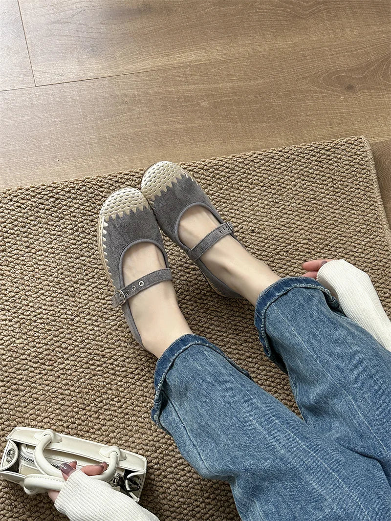 Cyflymder  New Woven Splicing Flats Women Faux Suede French Style Round Toe Buckle Mary Jane Shoes Comfort Shallow Designer Shoes Loafers