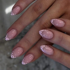 Cyflymder  Cute Polka Dot Pink French Simple Nail Art Summer Short Almond Stylish Fake Nails Detachable Finished False Nails Press on Nails