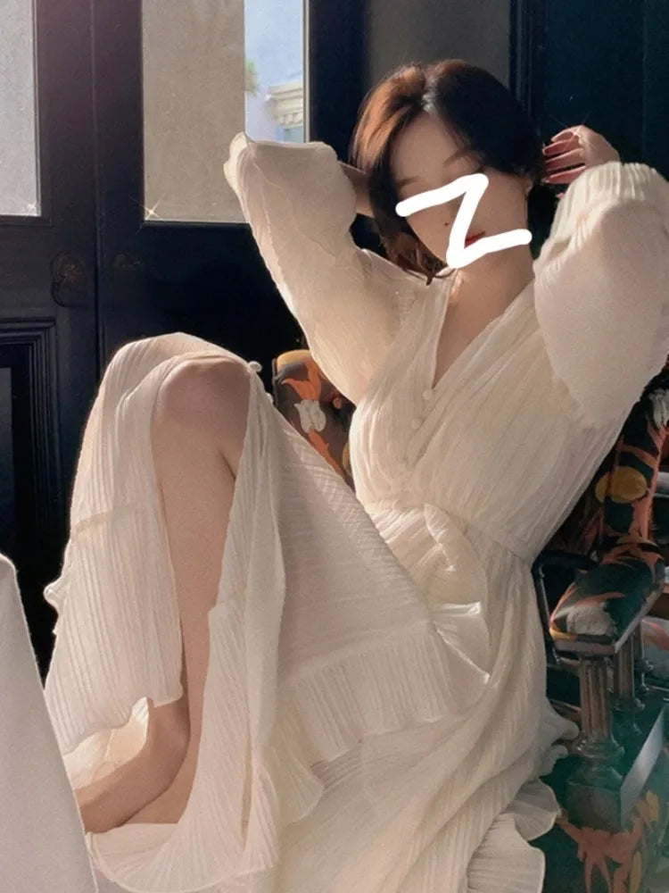 Cyflymder  Pure Color French Elegant Dress Woman Long Sleeve Fairy Midi Dress Casual Summer Slim Party One Piece Dress Korean Design