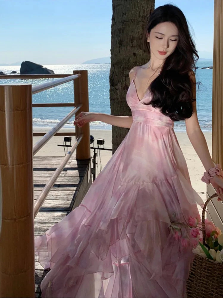 Cyflymder  Women Elegant Pink 2025 Spaghetti Strap Fashionable Long Dress Summer Beach Holiday Party Floral Dresses Sweet High Waist Robe