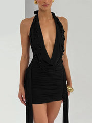 Cyflymder  Sexy Rhinestone Detail Deep V Halter Mini Party Dress for Women Fashion Solid Sleeveless Backless Ruched Ribbon Club Dress