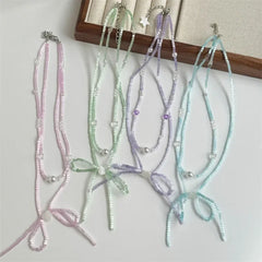 Cyflymder  Fashion Colorful Beaded Bowknot Love Heart Pendant Necklace for Women Girls Purple Double Layer Clavicle Neck Aesthetic Jewelry