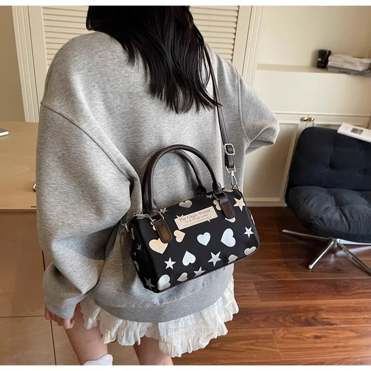 Cyflymder  Harajuku Style Heart Star Print Canvas Bag Women Sweet Cute Boston Bag Ladies Versatile Fashion Trendy Handbag Y2k Aesthetic New