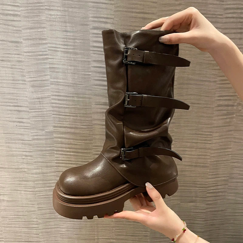 Cyflymder  Designer Thick Heel Women Western Cowboy Boots Fashion Ladies Belt Buckle Knight Booties botas de inverno feminina