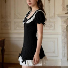 Cyflymder  French Elegant Sweet Constrast Color Lace O Neck Short Sleeve Dress Harajuku Y2k Slim Bow Appliques Short Dress Harajuku Clothes