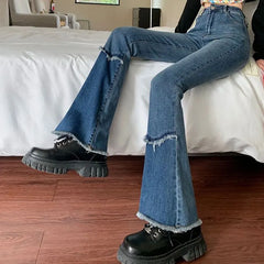 Cyflymder  Women's Clothing High Waist Bootcut Jeans Fashionable Rough Selvage Denim Pants Y2K Vintage Spliced Washed Casual Slim Trousers