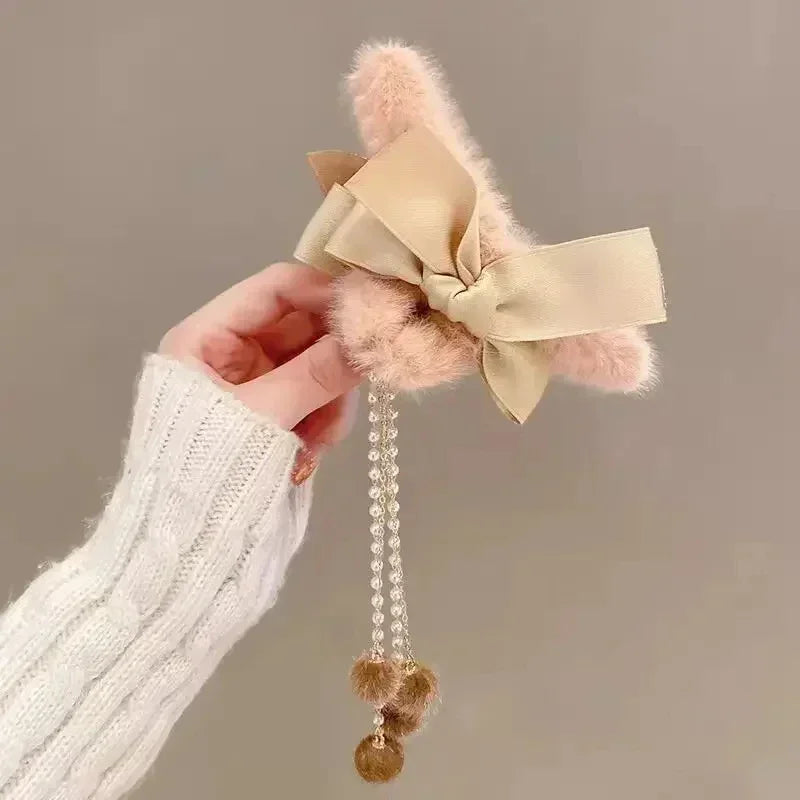 Cyflymder cute winter outfits New Fashion Bow Tassel Pendant Hair Clips Korea Ponytail Plush Shark Claw Girls Fall and Winter Gift Hair Accessories