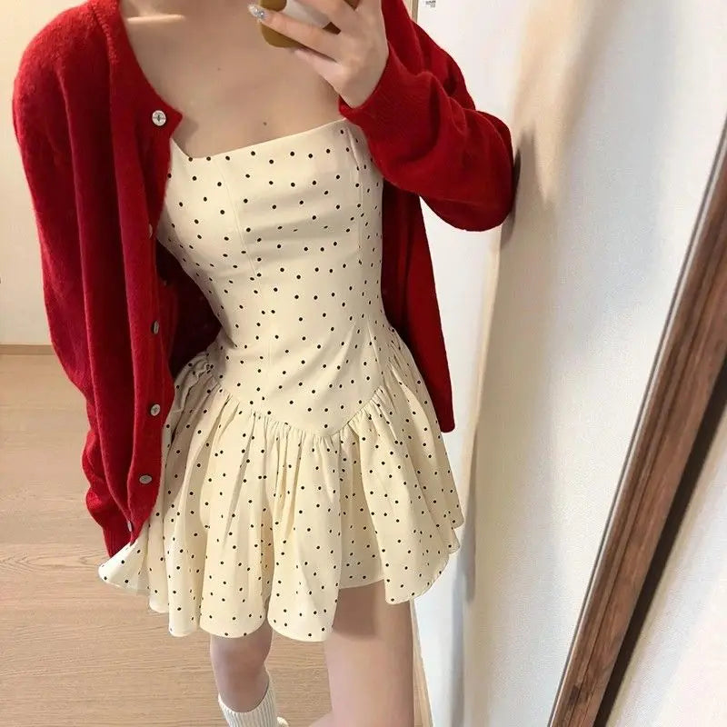 Cyflymder  French Square Neck Polka Dot Sleeveless Dress Women Summer 2025 New Style High-end Temperament Waist Cinching A-line