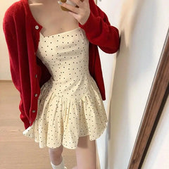 Cyflymder  French Square Neck Polka Dot Sleeveless Dress Women Summer 2025 New Style High-end Temperament Waist Cinching A-line