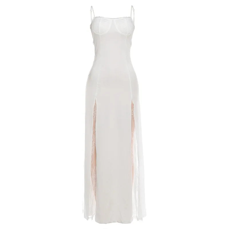 Cyflymder  Lace Patchwork A-line Camisole Maxi Dress Women Elegant Sexy Low Chest Spaghetti Straps Backless Slim Birthday Party Long Robe
