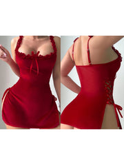 Cyflymder  Sexy Lace Trimmed Babydoll Dress with Thong Set featuring Side Slits and Tie Detail - 2 Piece Lingerie Set for Women