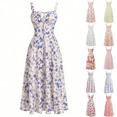 Cyflymder  Women's Floral Print Summer Dresses Sweet Elegant Spaghetti Strap Party Dress Casual Lace Up High Waist Flowy Maxi Dresses