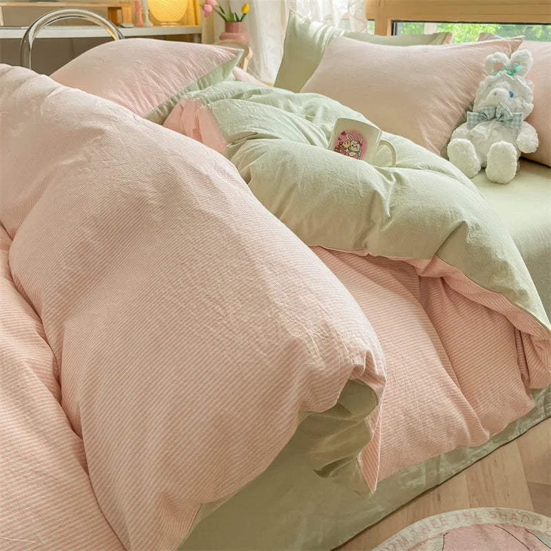 Cyflymder  Class A 100% Cotton Striped Bedding Sets Yarn Dyed Washed Cotton Breathable Duvet Cover Kit Single Bedclothes for All Seasons