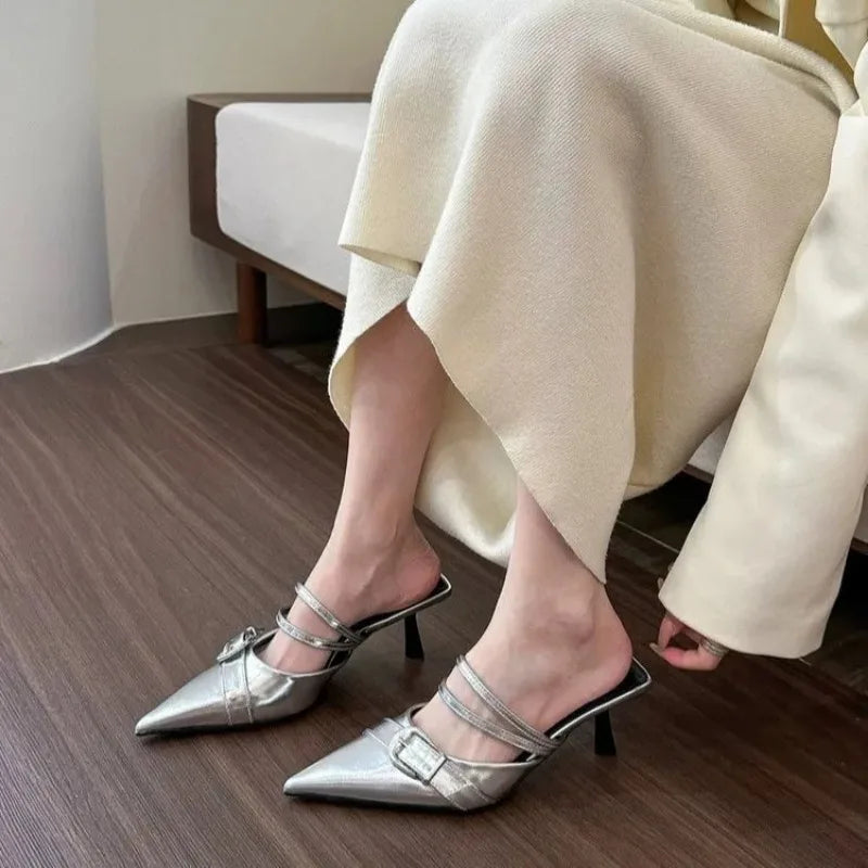 Cyflymder  spring/summer new women shoes French pointy  outdoor half slippers beach  gold stilettos toe cover sandals