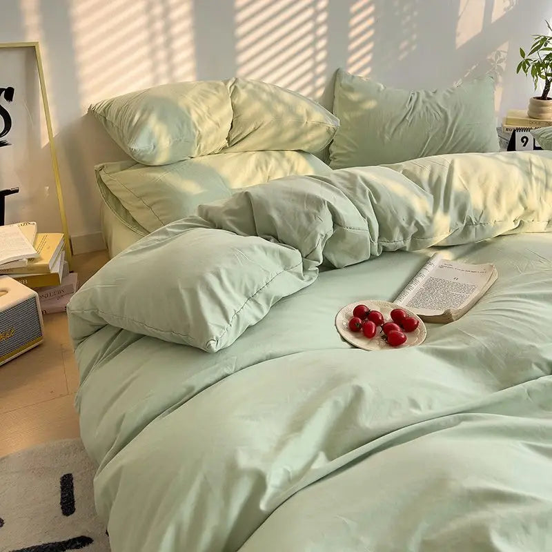 Cyflymder  INS Korean Style Fresh Blue Duvet Cover Washed Cotton Bed Sheet Bed Skirt Four-Piece Set Dormitory Simple Solid Color