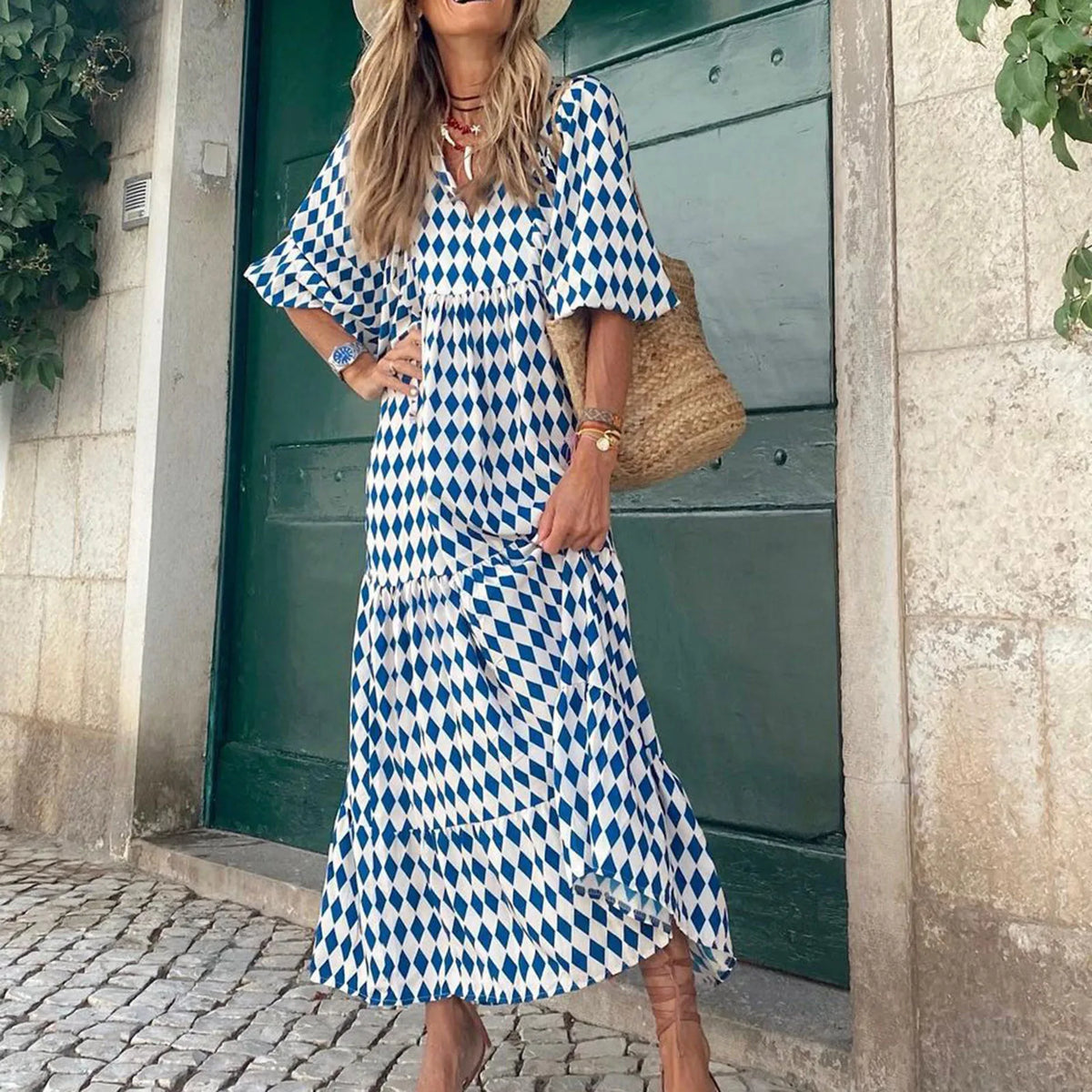 Cyflymder  Women Bohemia Casual Dress Summer Geometric Print Neckline Lace-up Puff Sleeves Long Dresess Holiday Beach Robe A-Line Vestidos