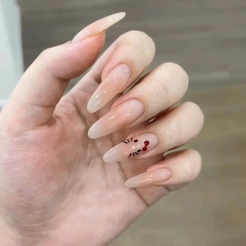 Cyflymder  30Pcs Almond Press on Fake Nails Long French False Nails With Pink Wearable Flower Design Oval Manicure Full Cover Nail Tips