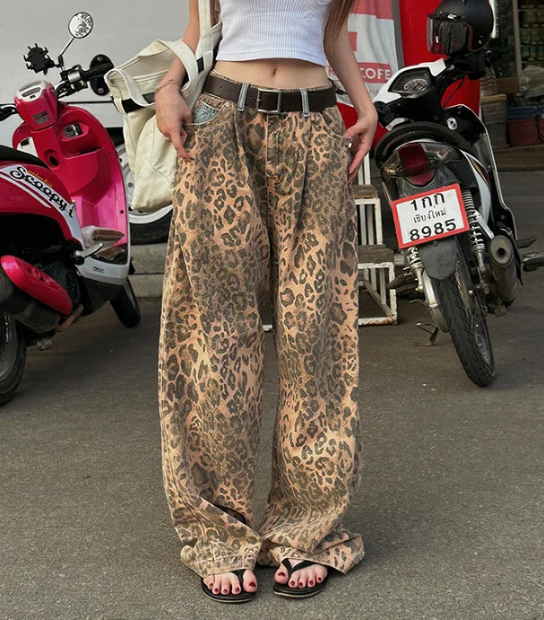 Cyflymder  Retro Splicing High Waist plus Size Slimming Leopard Print Design Casual Sle Women's Jeans Autumn New Arrival