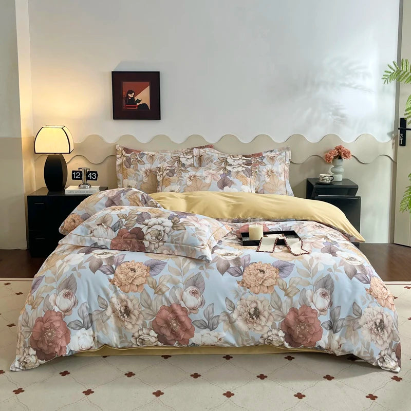 Cyflymder  100% Cotton Flowers Print Luxury Bedding Set Single Double Queen King Size Duvet Cover Flat/Fitted Bed Sheet Pillowcases 3/4Pcs