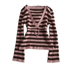 Cyflymder  Women's Y2K Striped Deep V-neck Form-fitting Flared Sleeve Autumn/Winter Top Retro Casual 2000s Punk Sweet Cool Pullover Shirt