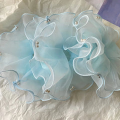 Cyflymder  1PC Elegant Tulle Organza Hair Scrunchie With Faux Pearls For Women Girls Large Ruffle Elastic Hair Tie Fashion Hair Accessories