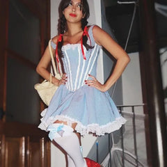 Cyflymder  Women's Halloween Dorothy Dress Costume Corset Bodice Blue Gingham Dress Lace Panel Lolita Maid Costume