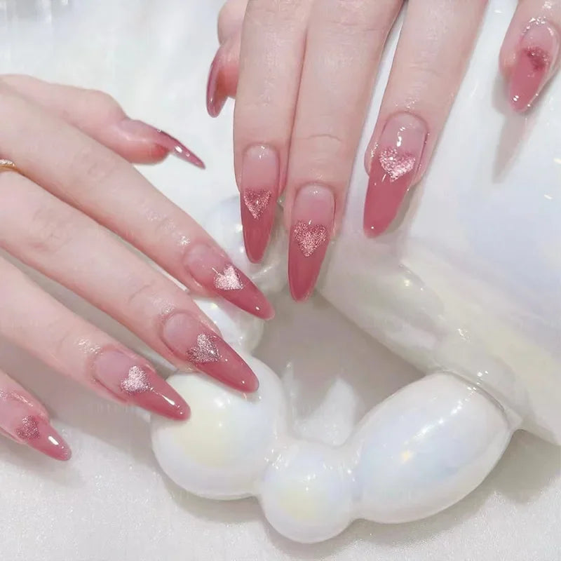 Cyflymder  30Pcs Wine Red Fake Nails With Gradient Print Design Long Stiletto False Nails Wearabe Almond Press on Nails Full Cover Tips