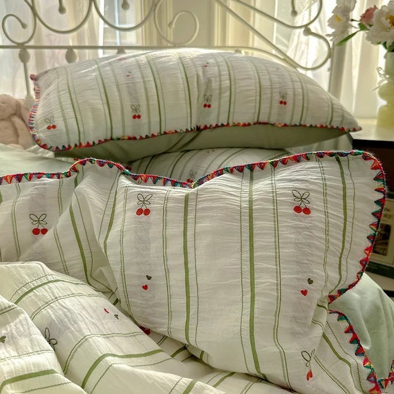 Cyflymder  100% Cotton Yarn-dyed Jacquard Floral Bedding Set Single Queen King Size Duvet Cover Bed Sheet/Fitted Sheet Pillowcases 3/4Pcs