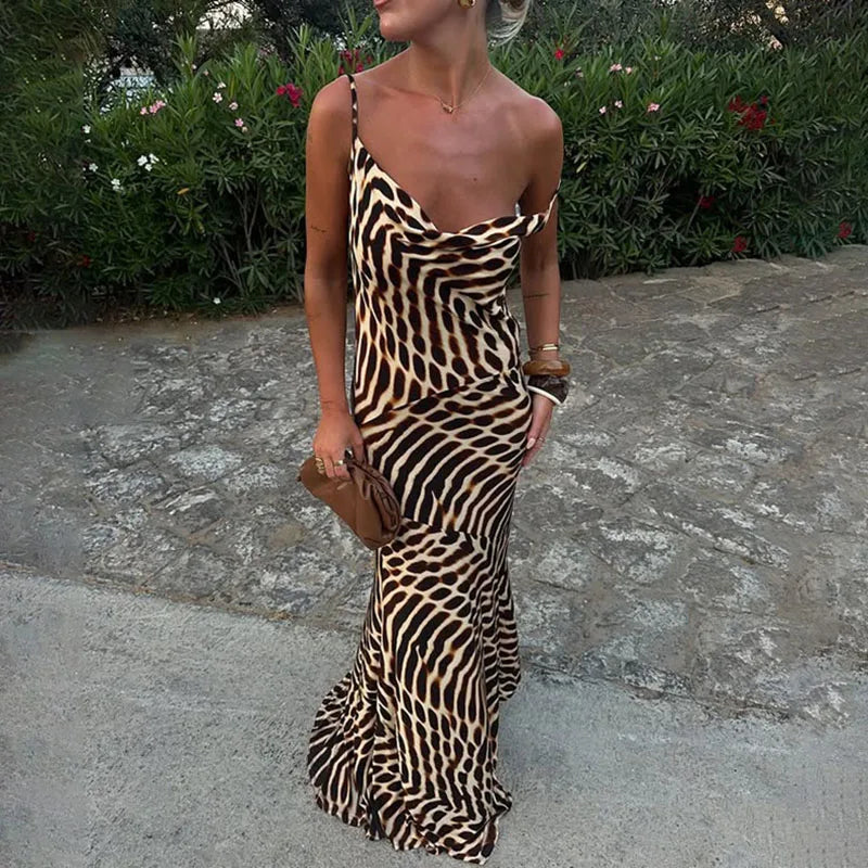 Cyflymder  Lady Casual Holiday Beach Bohemian Dress Vintage Leopard Print Slim Straps Long Dress Spring Summer V Neck Sleeveless Maxi Dress