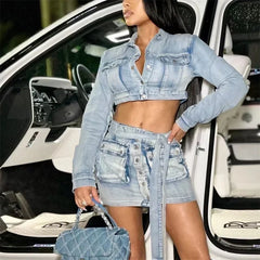 Cyflymder  Women Ultra Short Jacket Denim Suits High Waist Lace-up Single-breasted Open Crotch Splicing Pockets Skirt Female Two Piece Sets