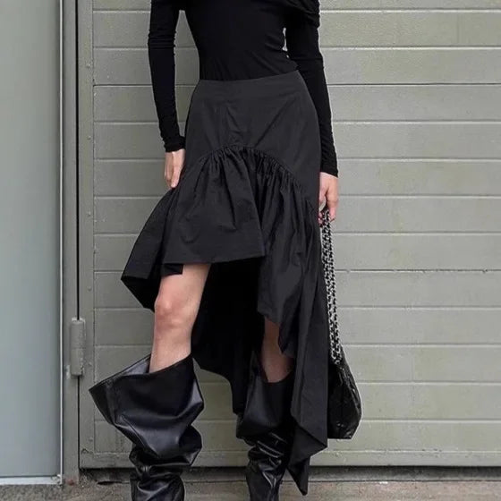 Cyflymder   Commuting Black Ruffled Skirt For Women Asymmetric High Waist A-line Skirt Fashion Splice Female Casual Skirt Streetwear
