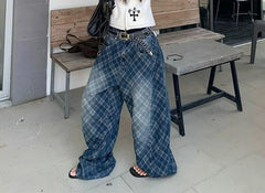 Cyflymder  Retro Plaid Jeans Women's Autumn and Winter New Loose Wide-leg Pants Design Long Pants