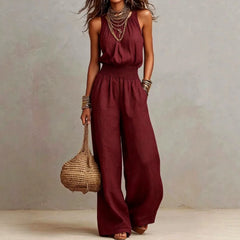 Cyflymder  New Sleeveless Linen Backless Jumpsuit Women's Cross-Border Street Style Wide Leg Pants Long Trousers No Neck Label