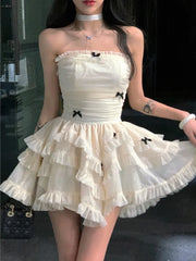 Cyflymder  Summer French Vintage Sweet Dresses Female Kawaii Y2K Fashion Fariy Mini Dress Korean Party Ruffles Puff Sleeve Cake Dress