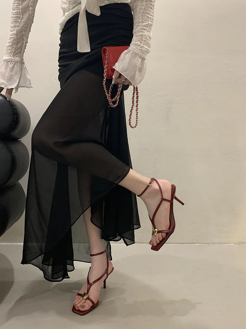 Cyflymder  Summer Fashion Metal Buckle Decoration Narrow Band Gladiator Sandals Women Square Toe Low Thin Heels Party Dress Shoes