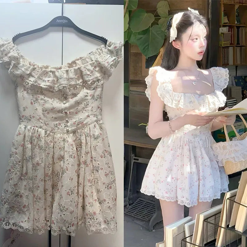 Cyflymder  French Style Hot Girl Floral Dress Women's Spring Lace Slim Fit Square Collar Strap A-line Short Dress Fashion Female Clothes