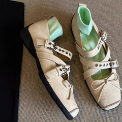 Cyflymder  Leather Version Square Head Butterfly Knot Sports Ballet Shoes Buckle Lightweight Genuine Leather Retro Mary Janes Flats