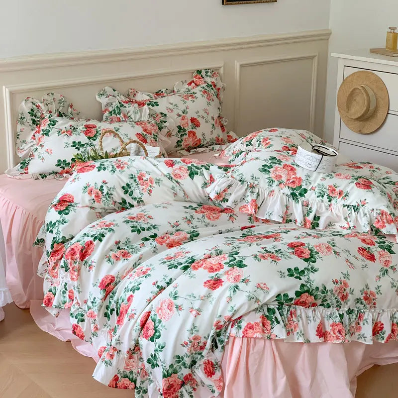 Cyflymder  French Vintage Bed Skirt Bedding Set 100% Cotton Rose Print Linen Set Lace Ruffles Duvet Cover Bed Sheet Fitted Sheet Pillowcase
