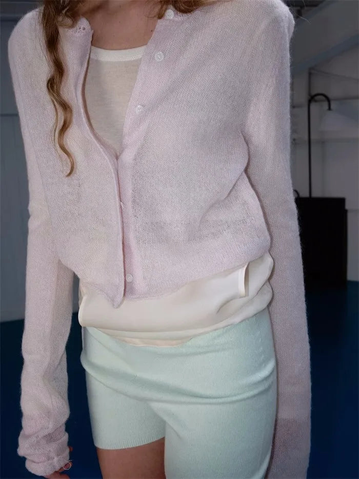 Cyflymder  Pink Mohair Button Knitted Tops Women Autumn Simple All-match Chic Long Sleeve Tee Shirts Sweet Cute Preppy Style Thin Cardigan