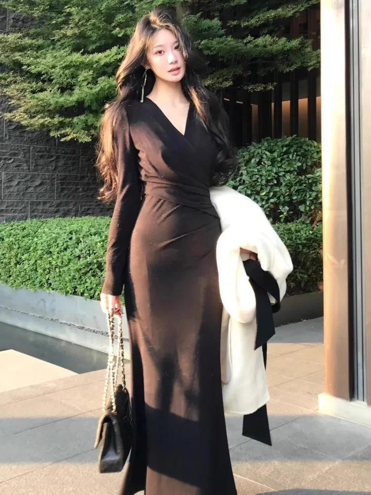Cyflymder  Korean Solid Mermaid Dress for Women Autumn V-neck Long Sleeve Folds Slim Bodycon Vestidos Elegant Evening Party Prom Robe Mujer