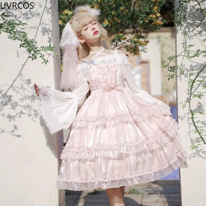 Cyflymder DRESS TO IMPRESS Japanese Kawaii Lolita Style Jsk Dress Women Vintage Elegant Pearl Lace Mesh Party Mini Dresses Gothic Y2k Pink Princess Dresses