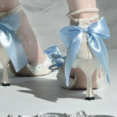 Cyflymder  White Blue High Heels for Women Party Shoes Wedding Heels Y2K Shoes Bow Pearl Shoes for Women Elegant Women's Heeled Shoes