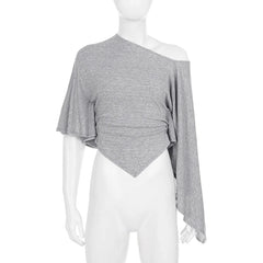 Cyflymder  Women's Skew Neck Asymmetrical Cape Sleeve T-shirts Handkerchief Hem Crop Top Elegant Slim Fit Ruched Knit Tee Shirt Summer Chic