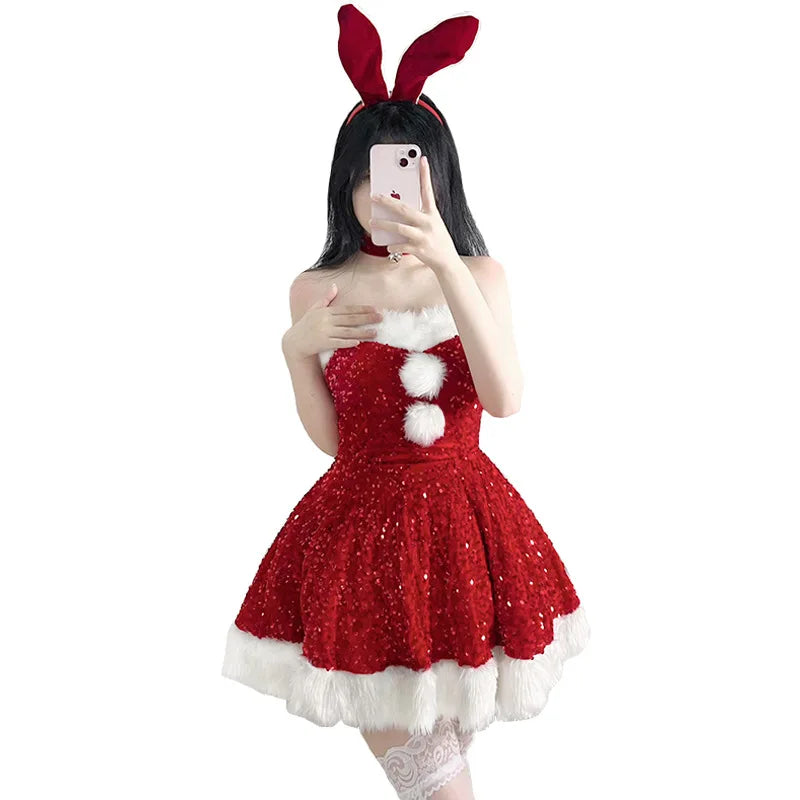 Cyflymder Christmas Costumes Christmas Dress Up Glitter Adult Christmas Clothes Strapless Clothing Set Halloween Carnival Outfit